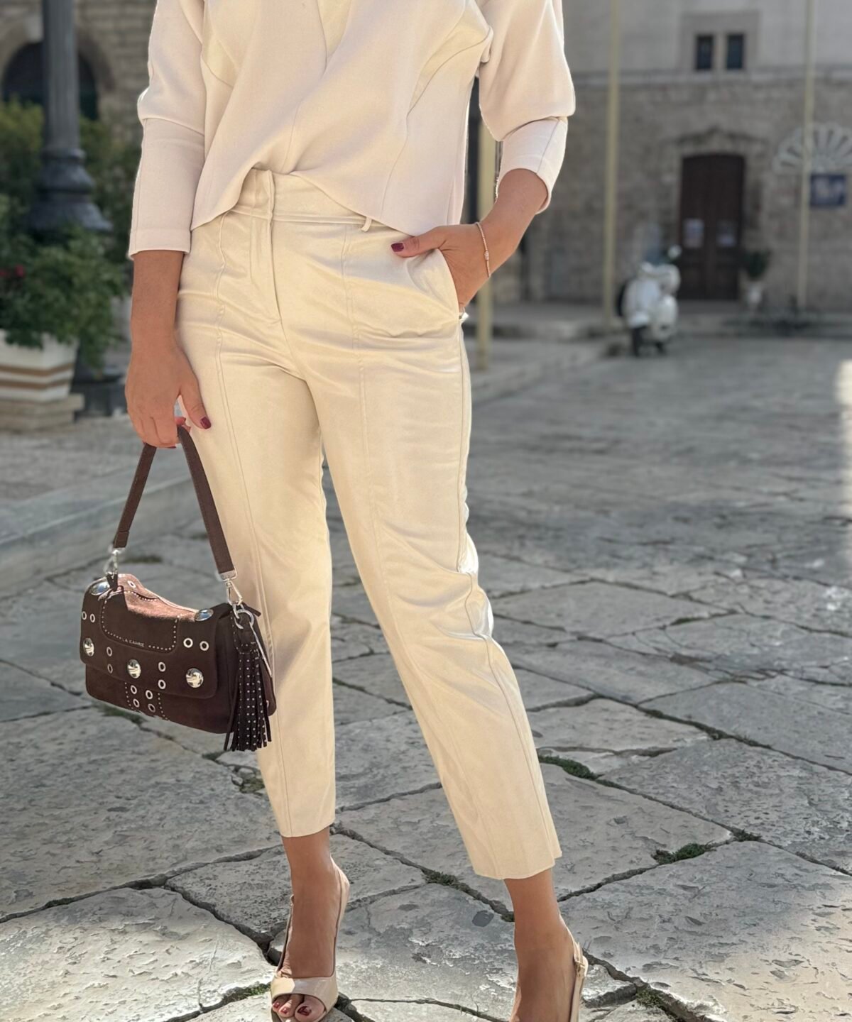 Pantalone Tolèrance con inserti in ecopelle - Crema