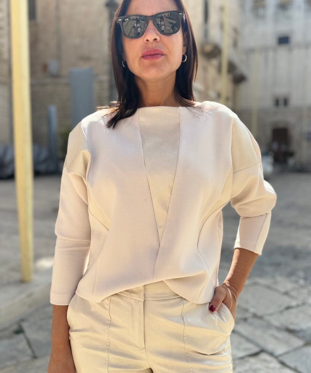 Maglia Tolèrance con inserti in ecopelle - Crema